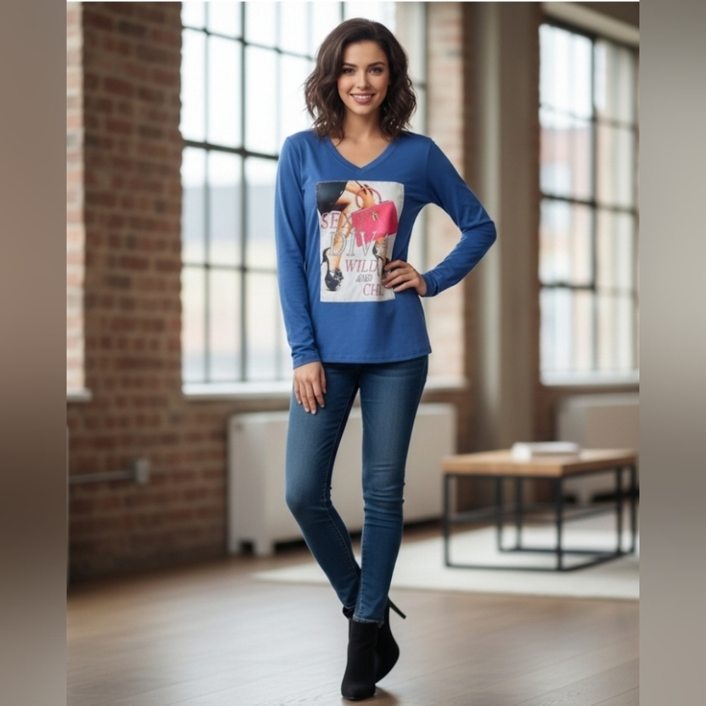 Royal Blue Graphic V-Neck Long Sleeve Tee - Sexy Diva Print Size L